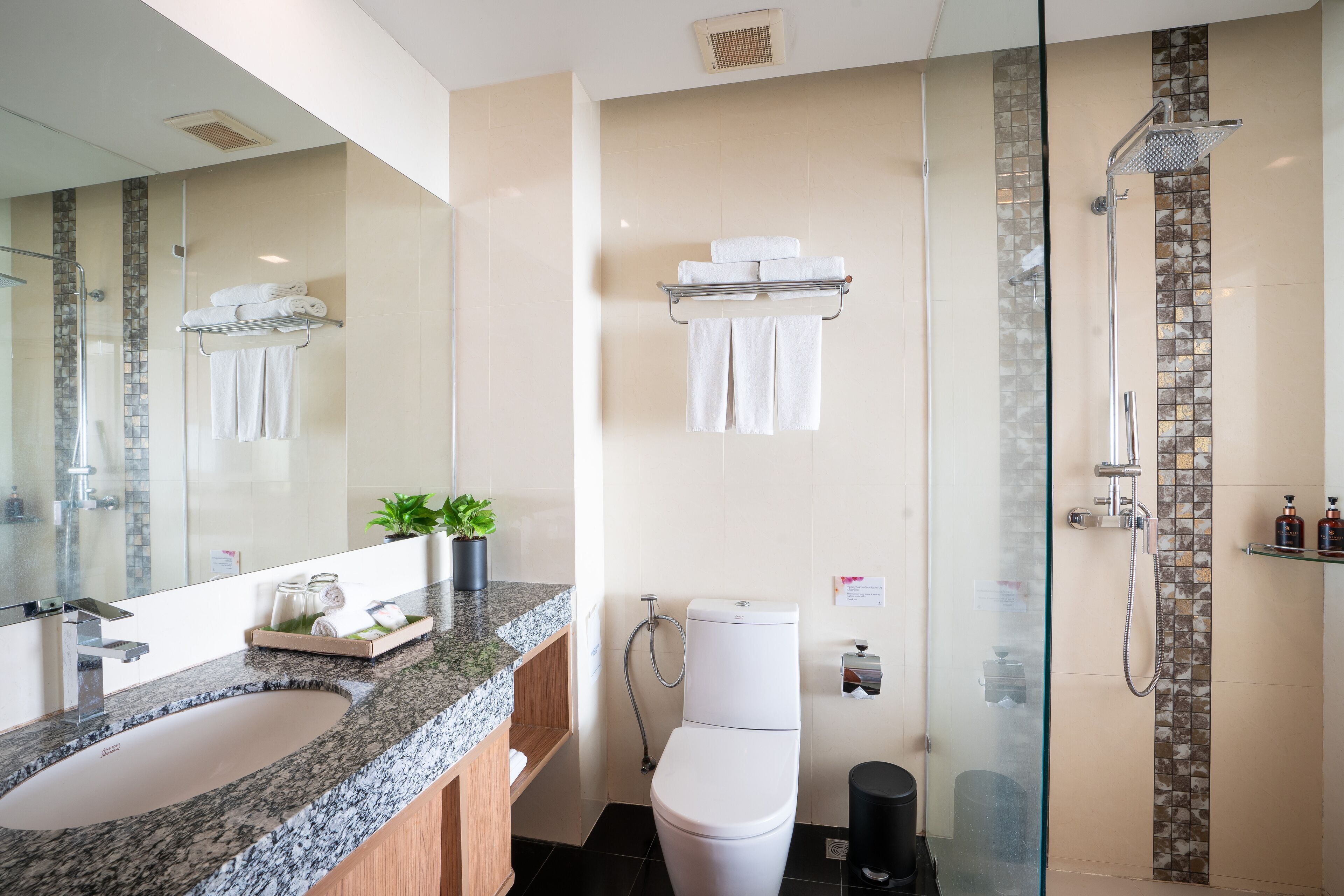 Et moderne badeværelse med en granitvask, en brusekabine i glas samt et toilet med et håndklædestativ over.