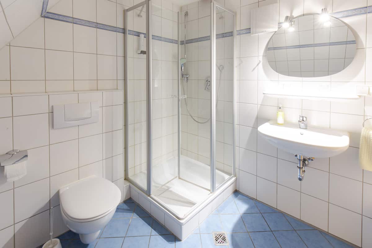 comfort double room | bathroom | shower, free toiletries, hair dryer, towels