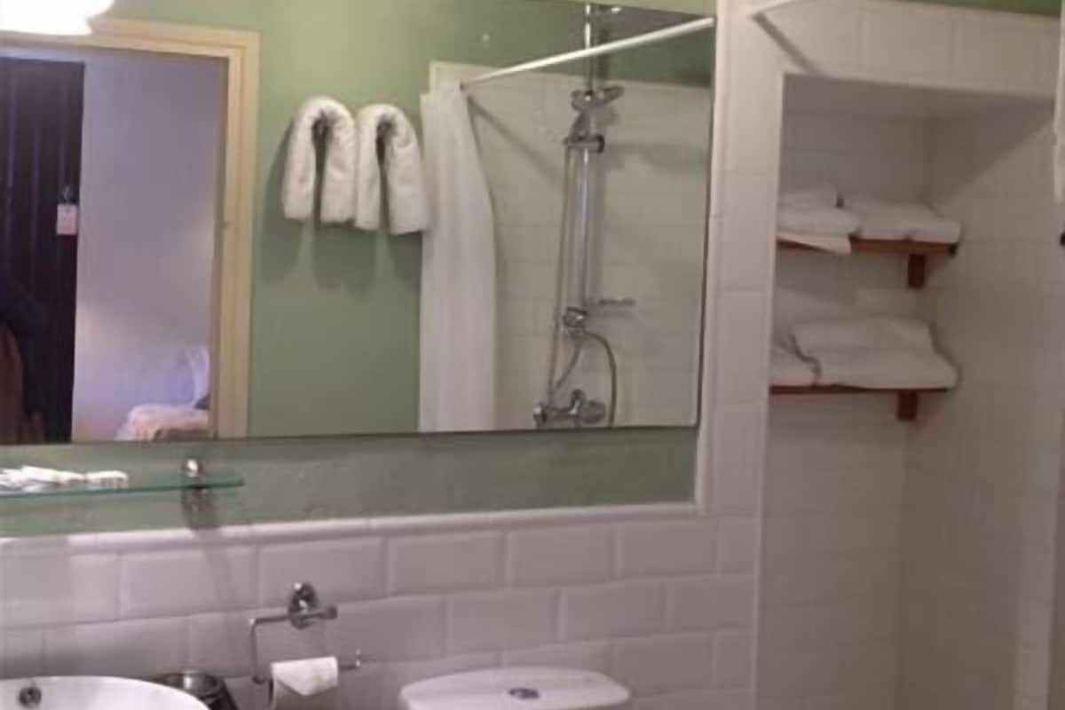 A bathroom with a sink, toilet, and shower. There is a mirror above the sink and a towel rack with towels.