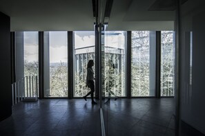 A spacious room with large windows offering a view of trees and a building.