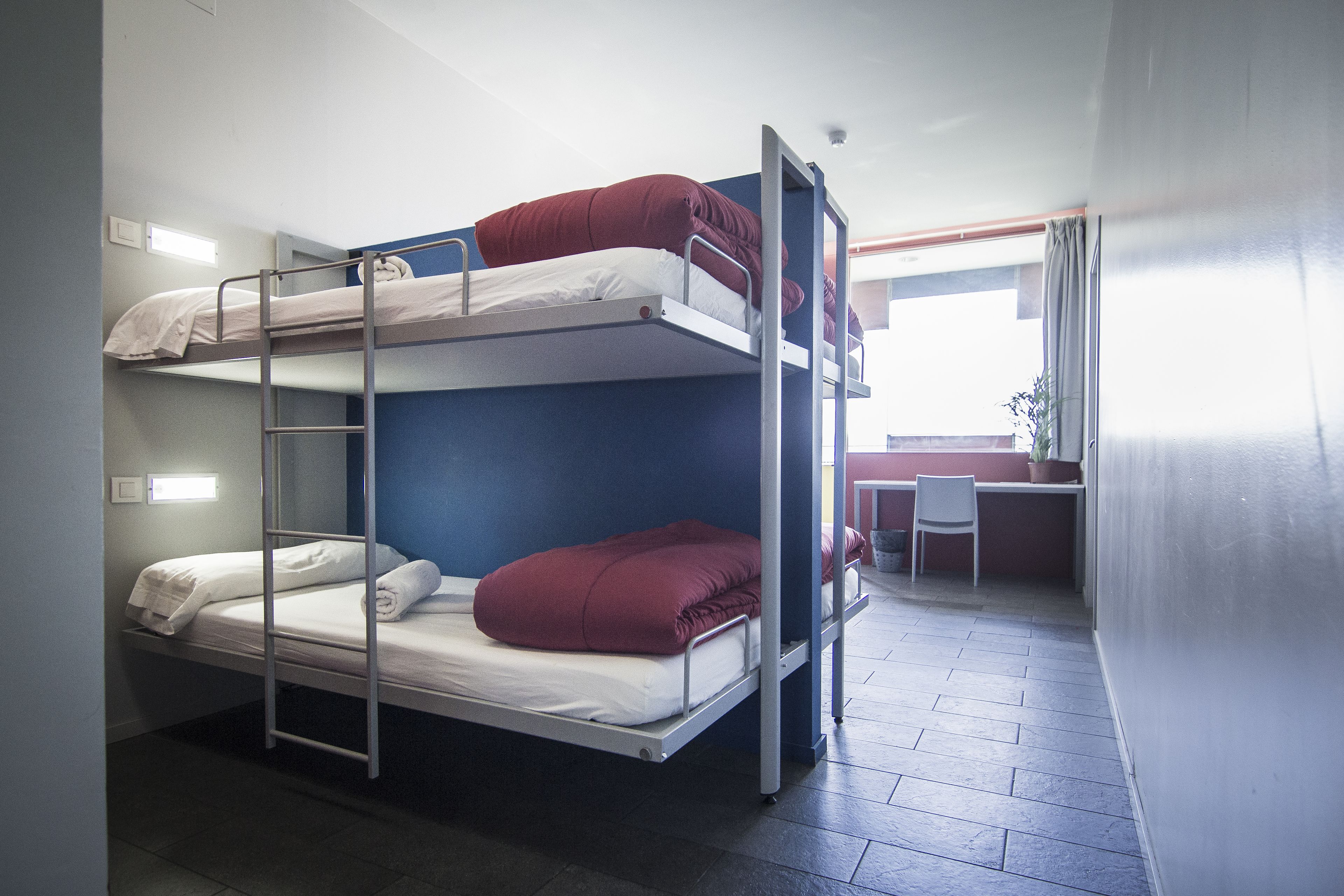Une chambre avec un lit superposé, un bureau et une chaise, une plante en pot et une fenêtre avec des rideaux.