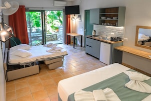 Habitación familiar, vistas al jardín | Caja fuerte, escritorio, espacio para trabajar con un portátil