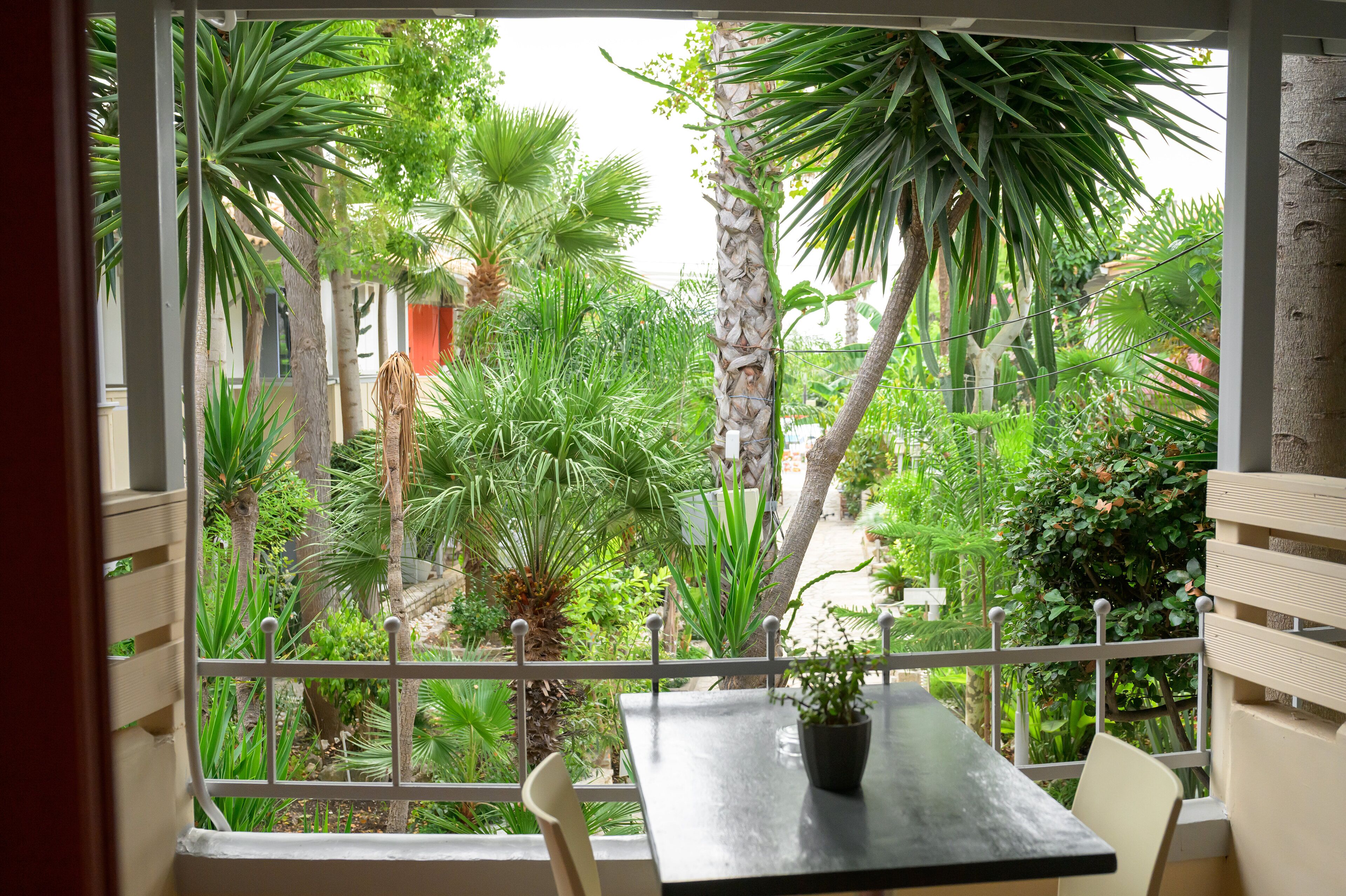 Un balcone con tavolo e sedie, immerso nel verde e con vista su una strada.