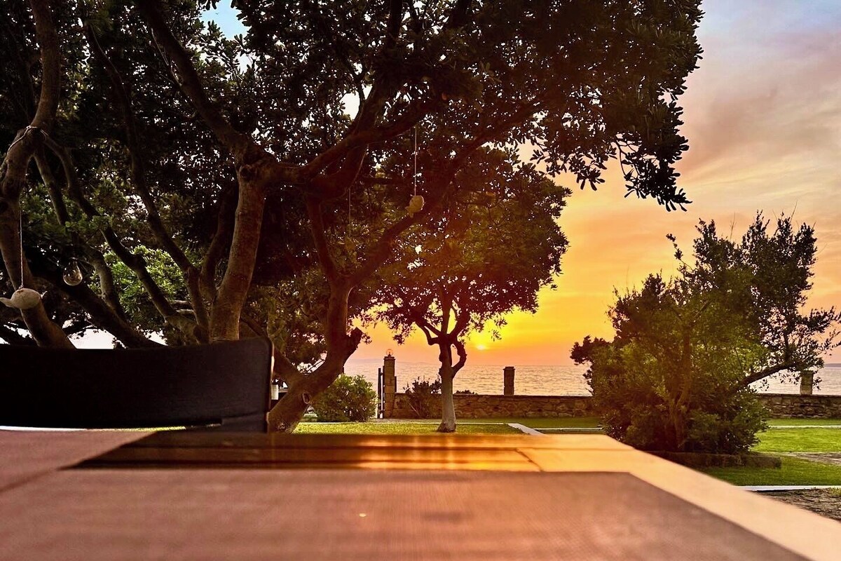 Vista del atardecer desde un balcón con una pared de piedra y un área verde al frente.