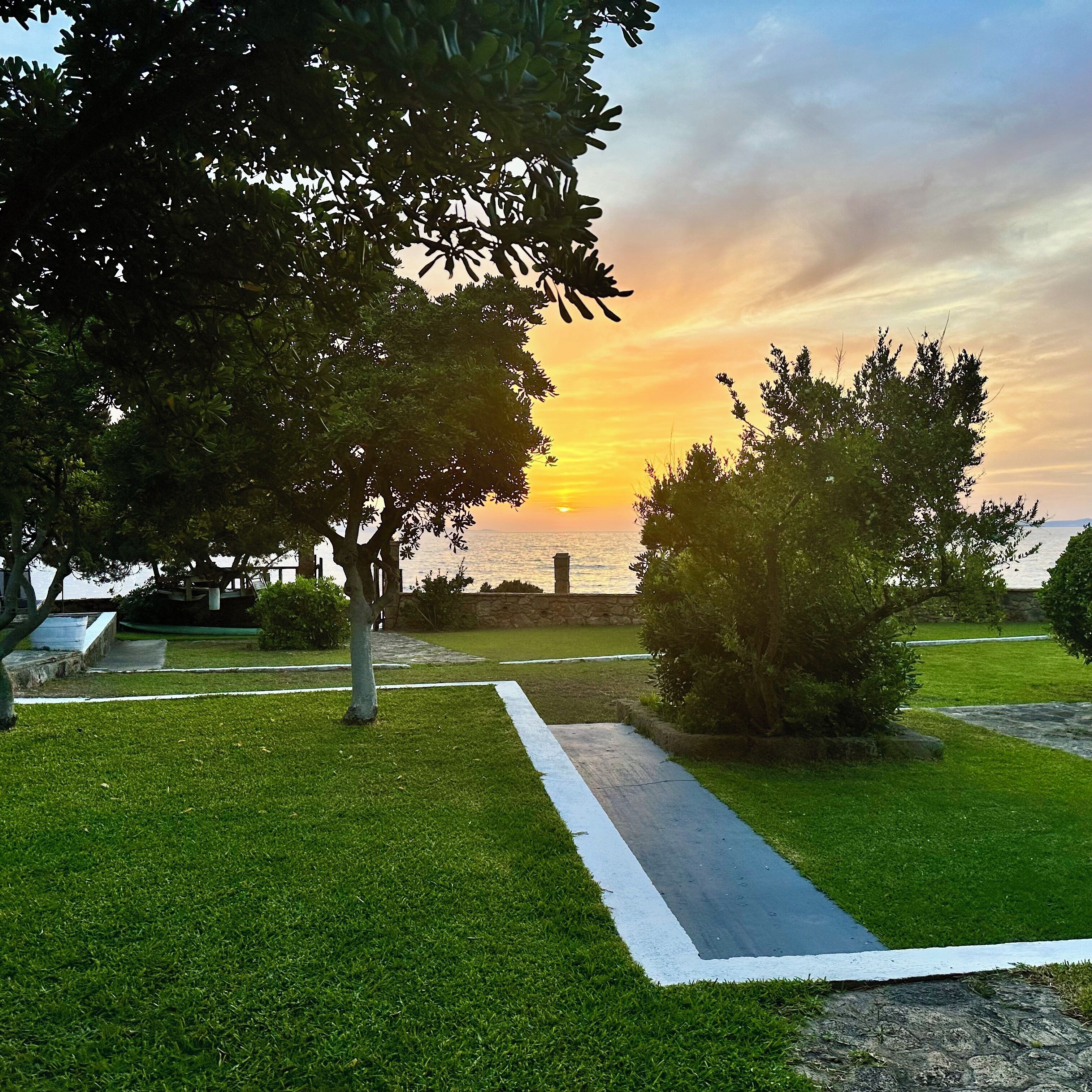 A park with a paved walkway, green grass, and trees.