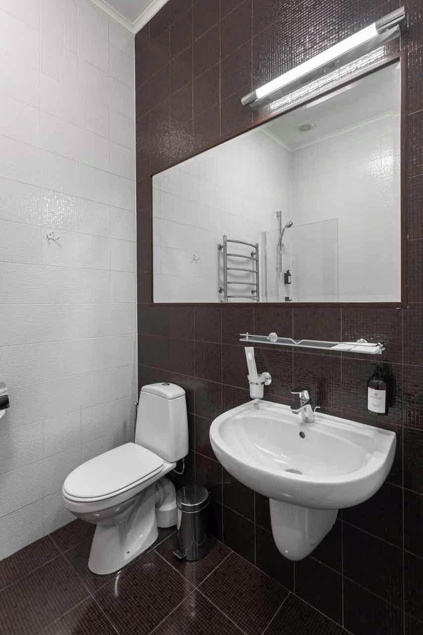 A modern bathroom with a toilet, sink, and mirror.