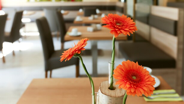 Un espace repas avec des tables et des chaises, un vase rempli de fleurs et un banc à l’arrière-plan.