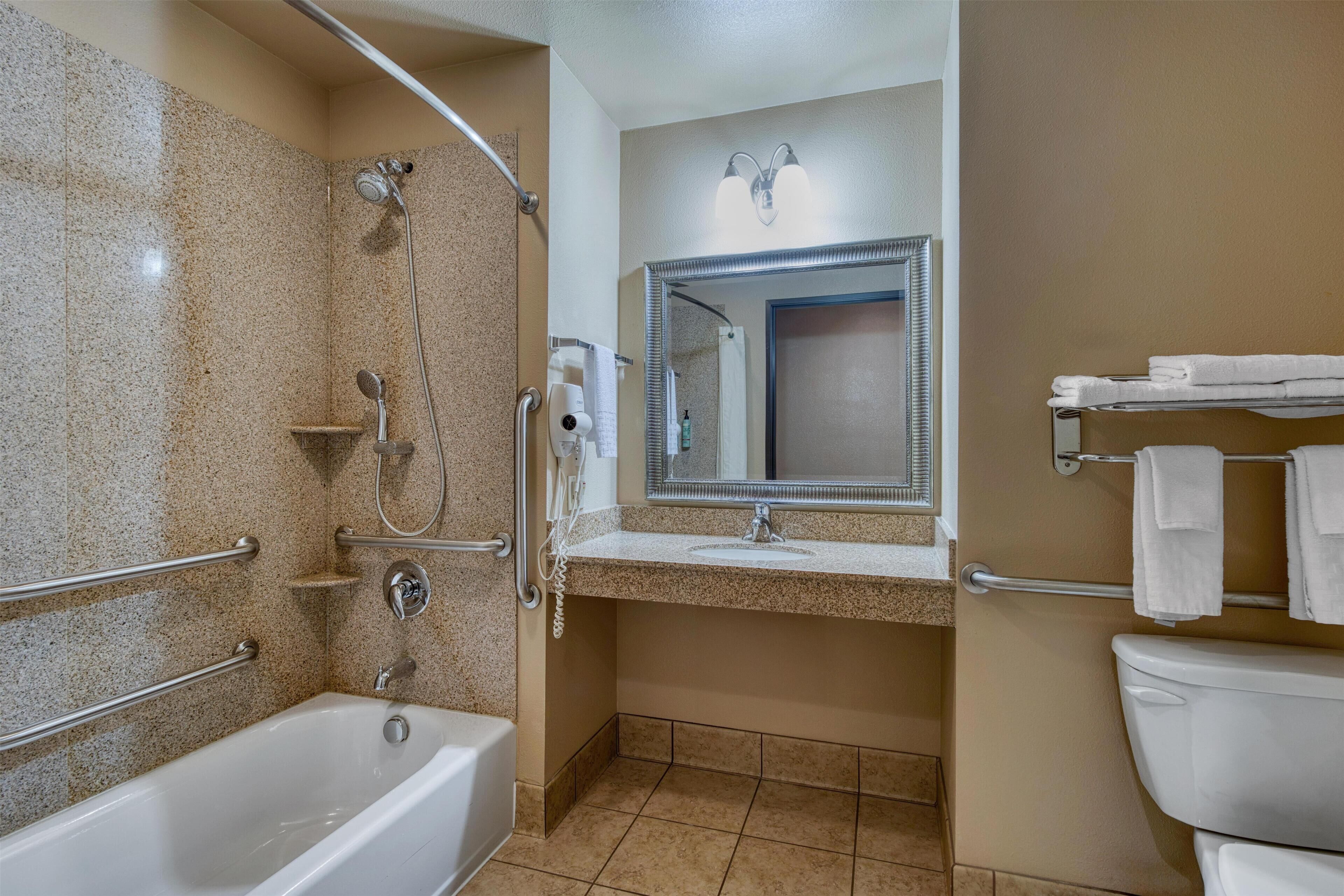 A bathroom with a bathtub, a shower, a sink with a mirror, and a toilet. There are grab bars installed near the bathtub and shower.