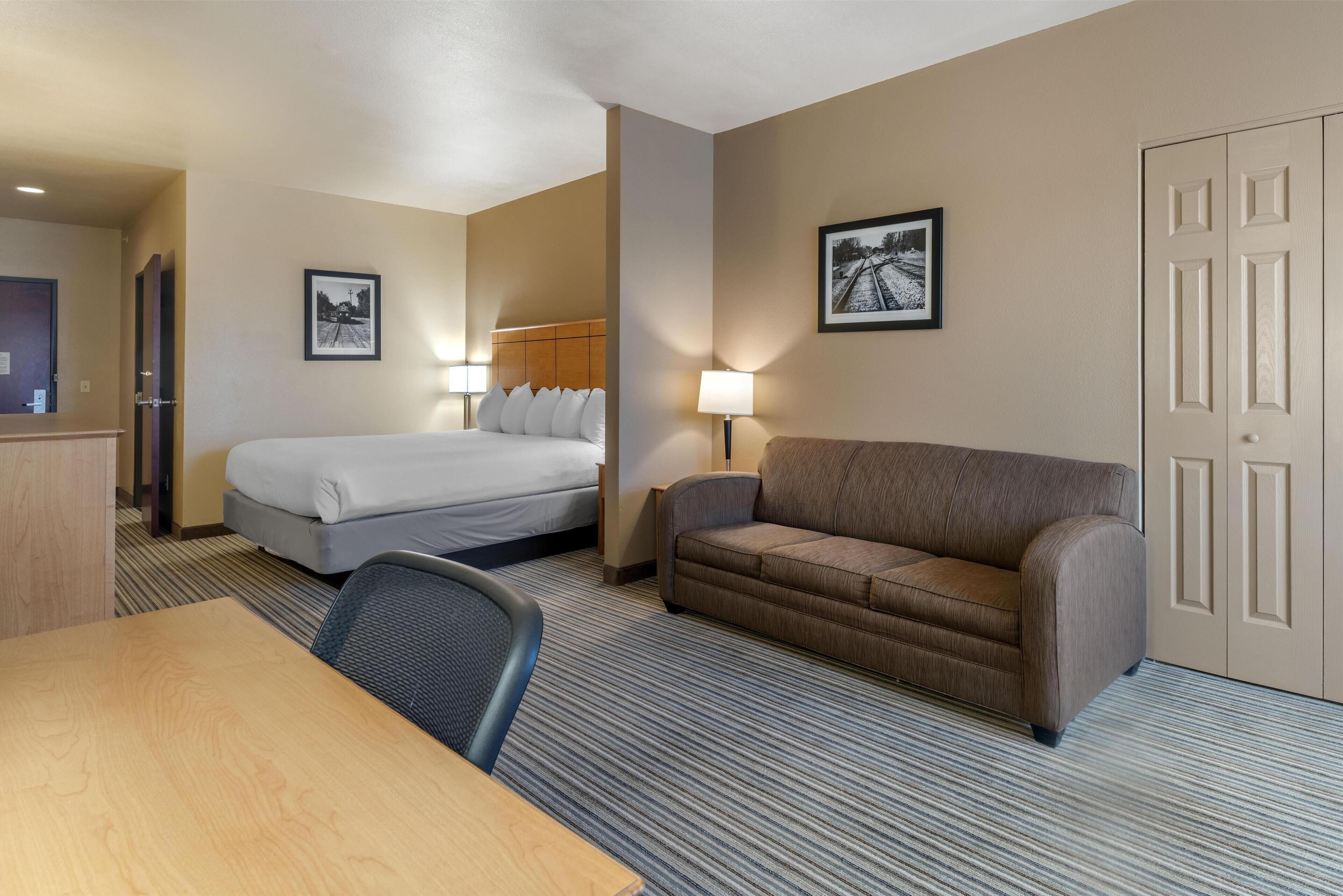 Una habitación de hotel con una cama, un sofá, un escritorio y una silla.
