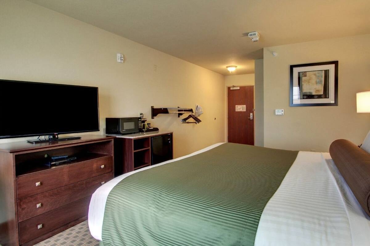 Une chambre d’hôtel avec un grand lit, un téléviseur à écran plat, une commode, un bureau avec un ordinateur et un tableau encadré au mur.