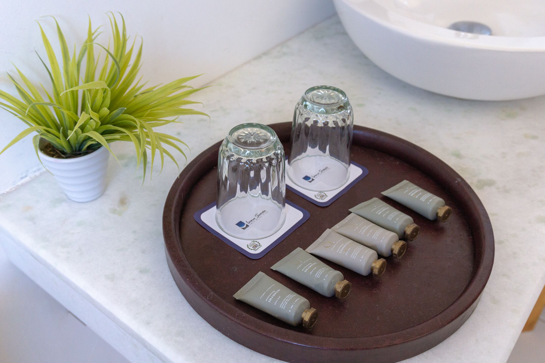 A tray with several cosmetic tubes and two glass bottles on a countertop.