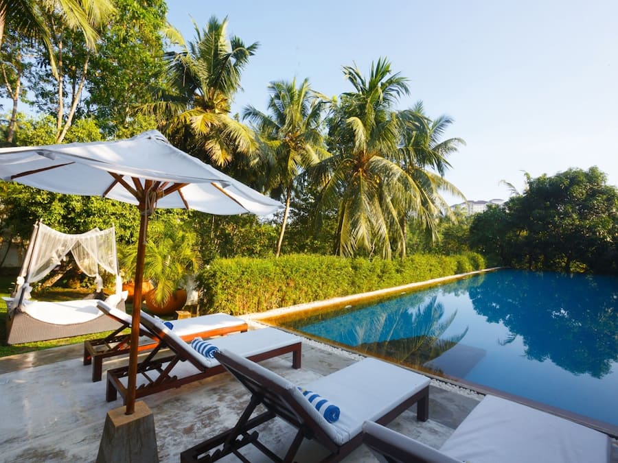 Outdoor pool, pool umbrellas, pool loungers