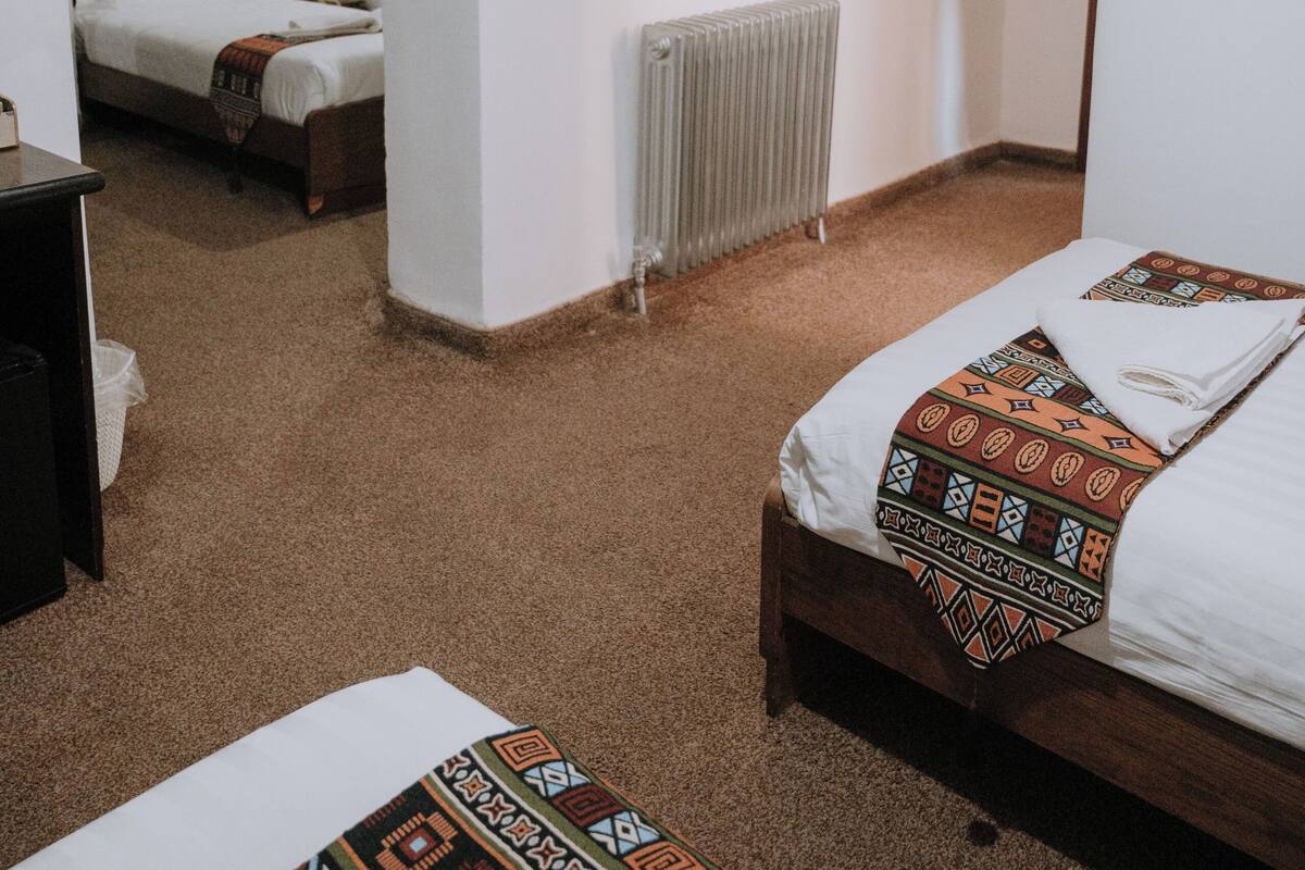 A hotel room with two beds, a radiator, and a picture on the wall.