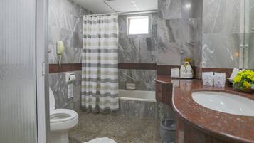 Une salle de bain avec des toilettes, une douche et un lavabo.