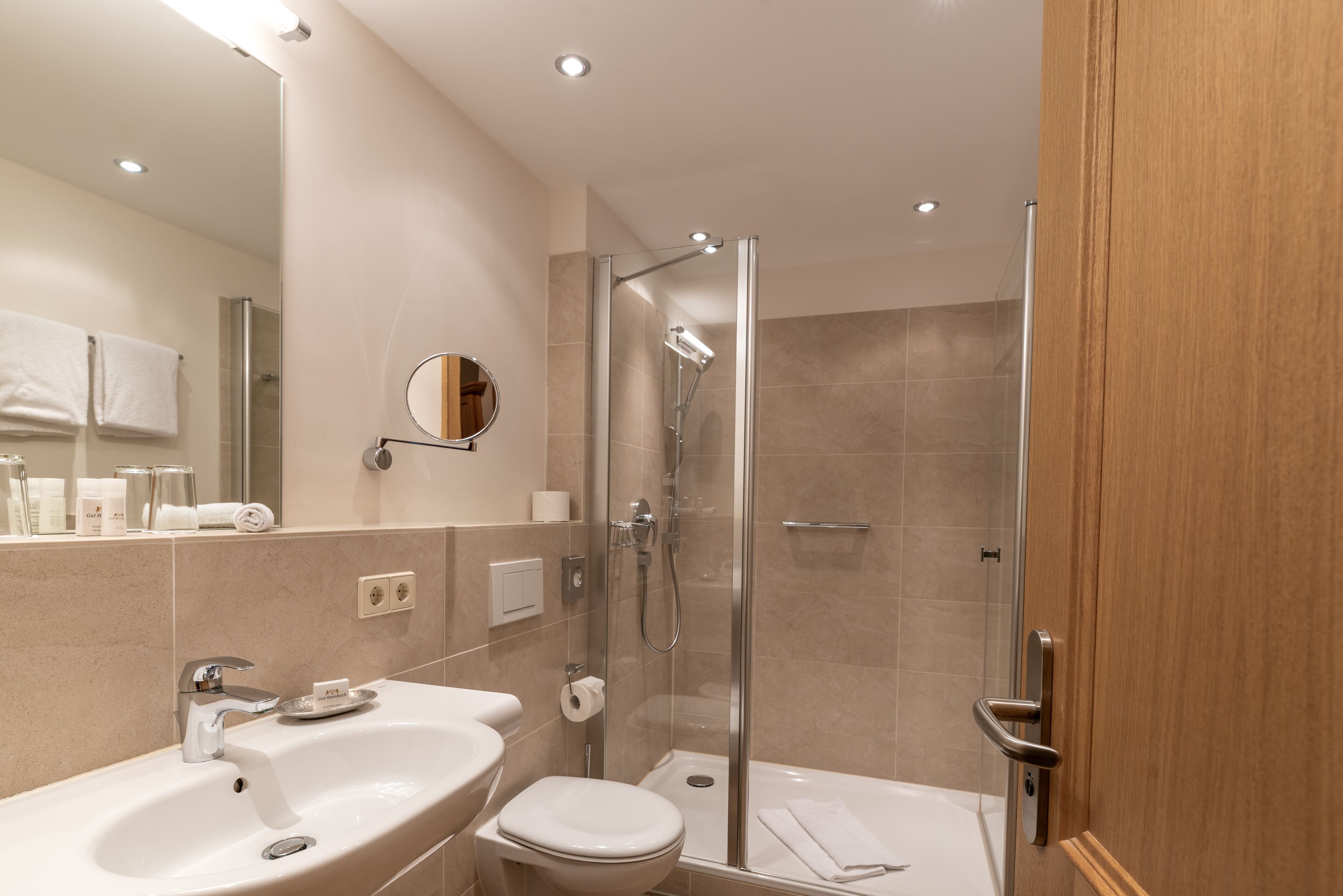 Un baño moderno con ducha envuelta en vidrio, un lavamanos y un inodoro.