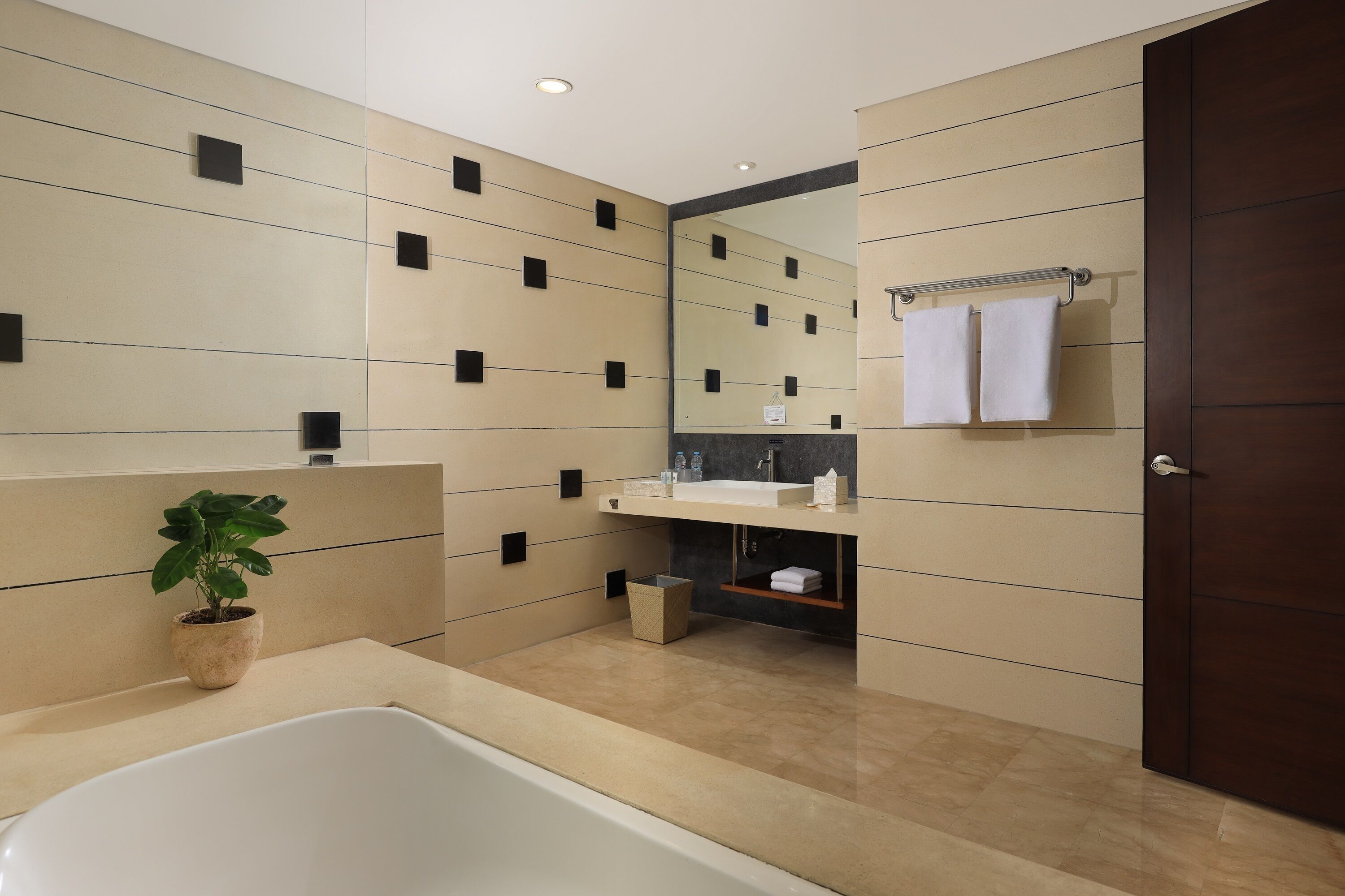A modern bathroom with a large bathtub, a sink, a mirror, and a potted plant.