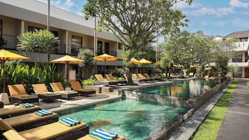 2 outdoor pools, open 9:00 AM to 9:00 PM, pool umbrellas, pool loungers