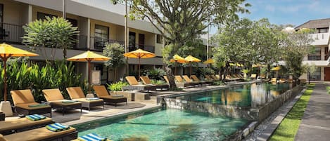 2 outdoor pools, open 9:00 AM to 9:00 PM, pool umbrellas, sun loungers