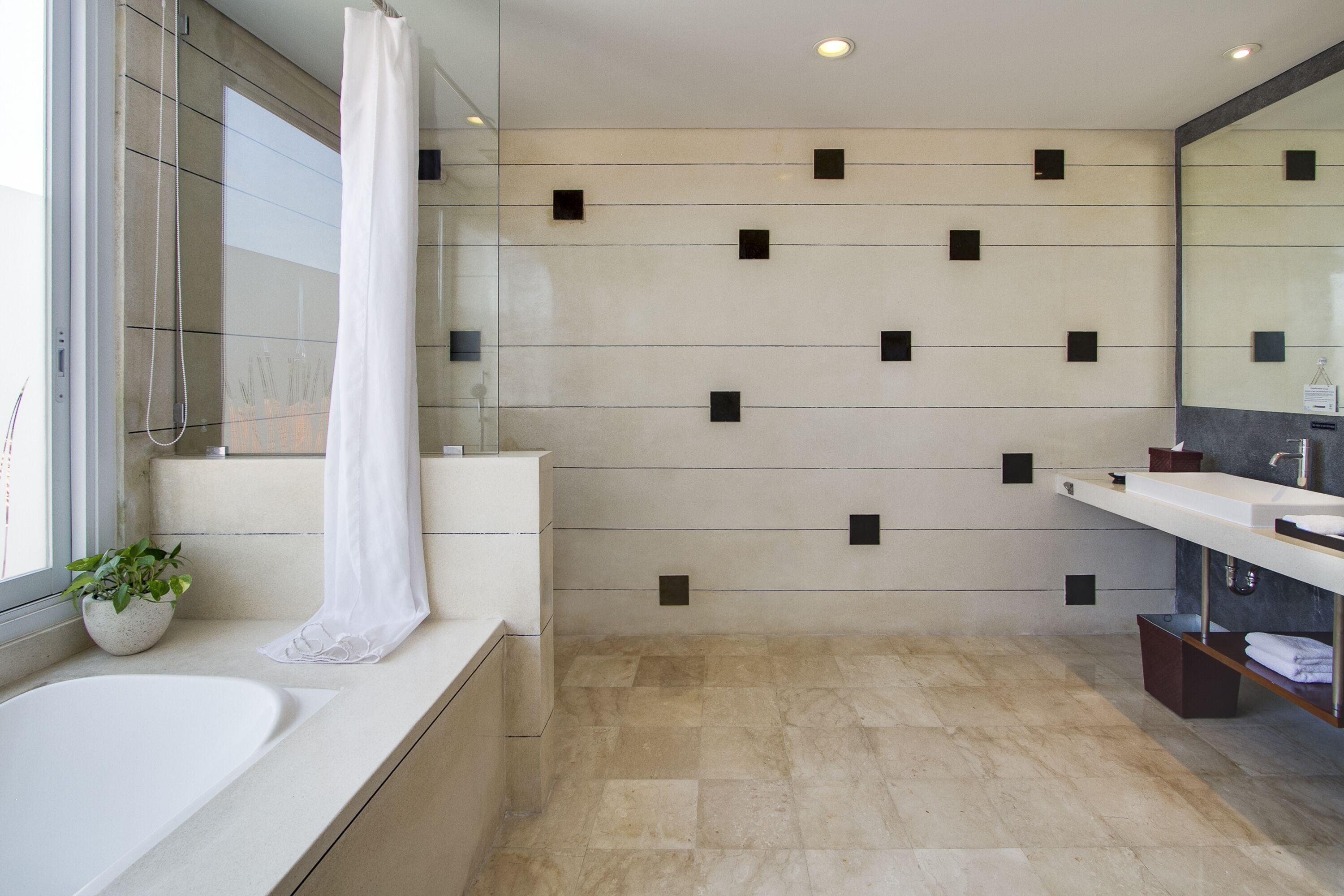 Un bagno moderno con una vasca da bagno ampia, una doccia e un lavandino. Sul davanzale c'è una pianta in vaso e un porta asciugamani.