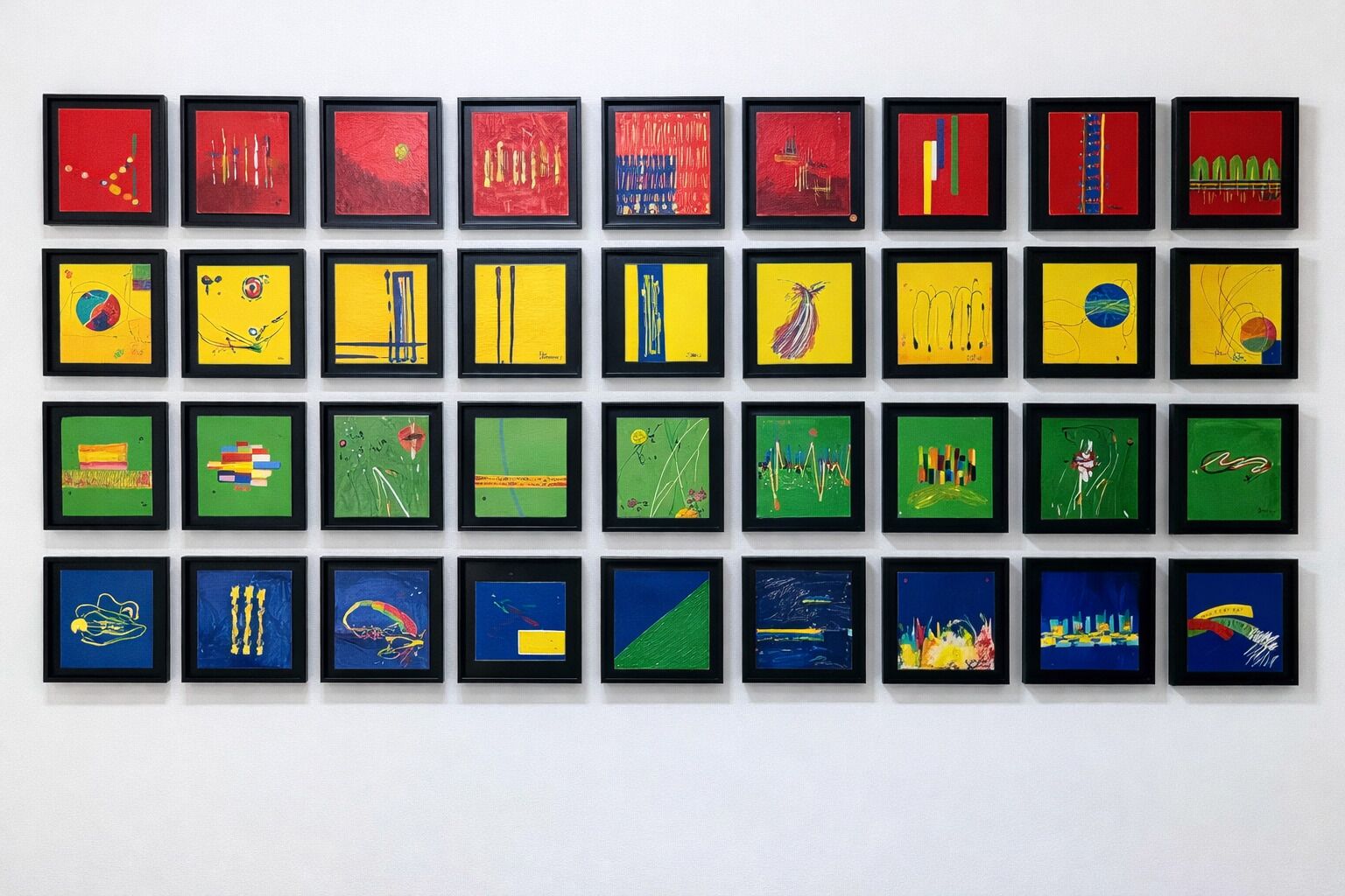 Una pared con varias obras de arte enmarcadas dispuestas en un patrón de cuadrícula.