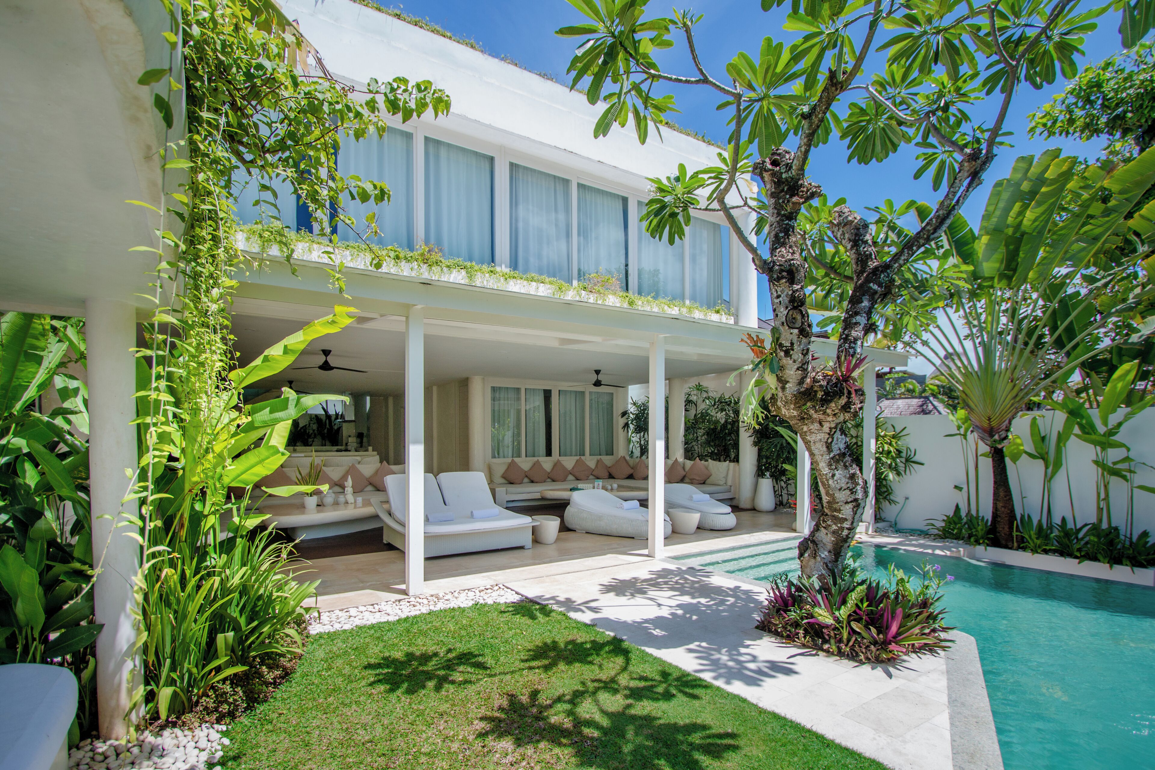 A modern house with a pool, outdoor seating, and lush greenery.