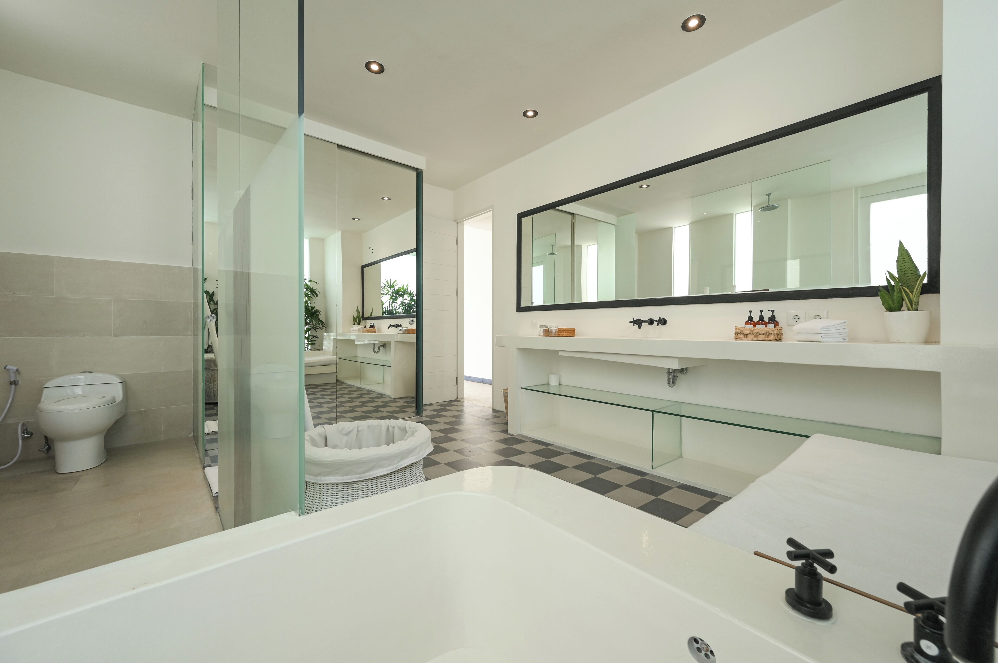 Separate tub and shower, deep soaking tub, rainfall showerhead