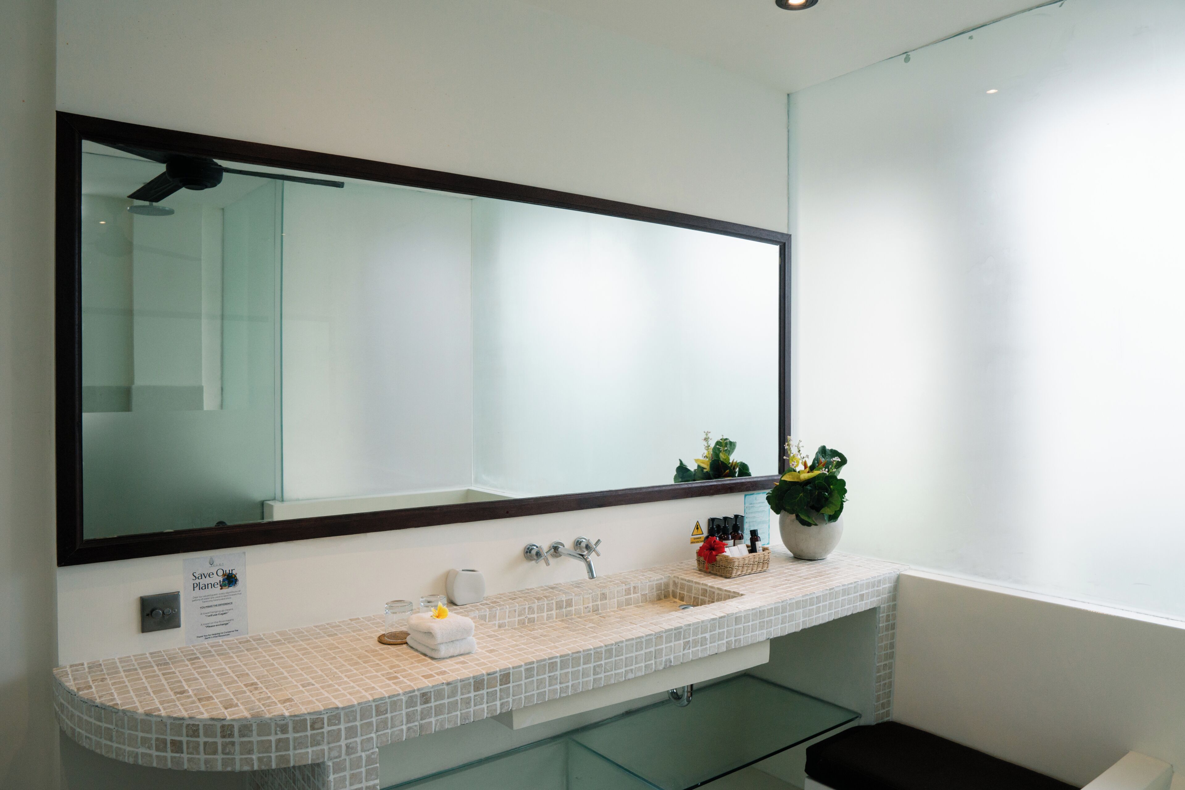 A modern bathroom with a large mirror, two sinks, a towel rack, and a potted plant.