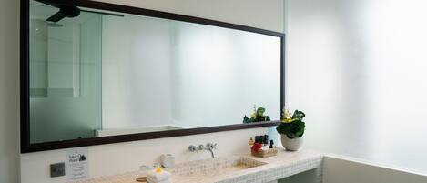 A modern bathroom with a large mirror, two sinks, a towel rack, and a potted plant.