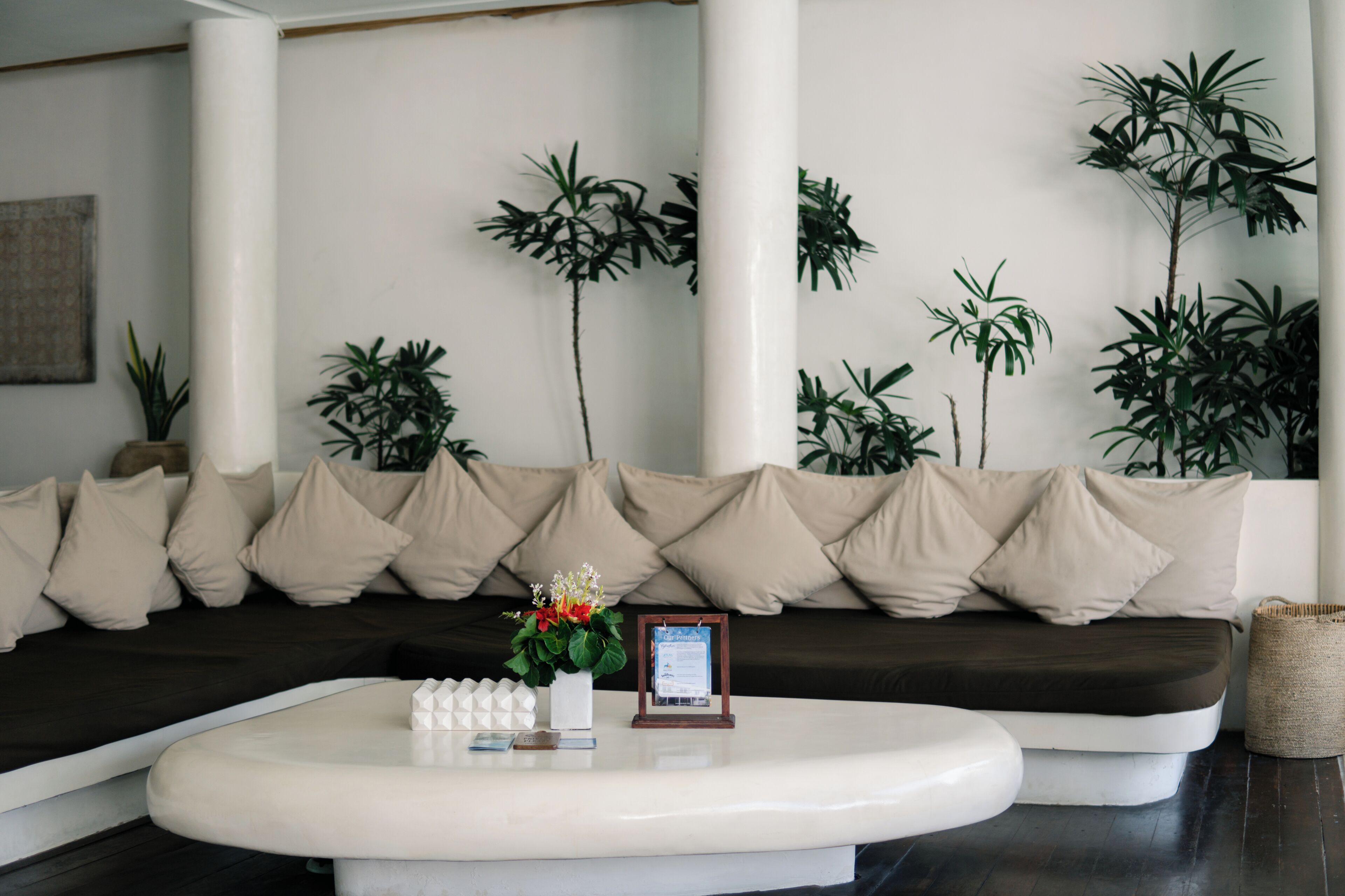 Een moderne woonkamer met een donkere bank, beige kussens, een witte salontafel en diverse potplanten.