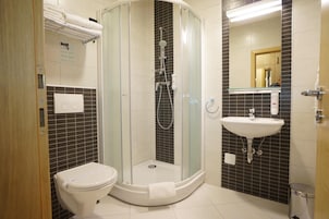 Shower, rainfall showerhead, hair dryer, slippers