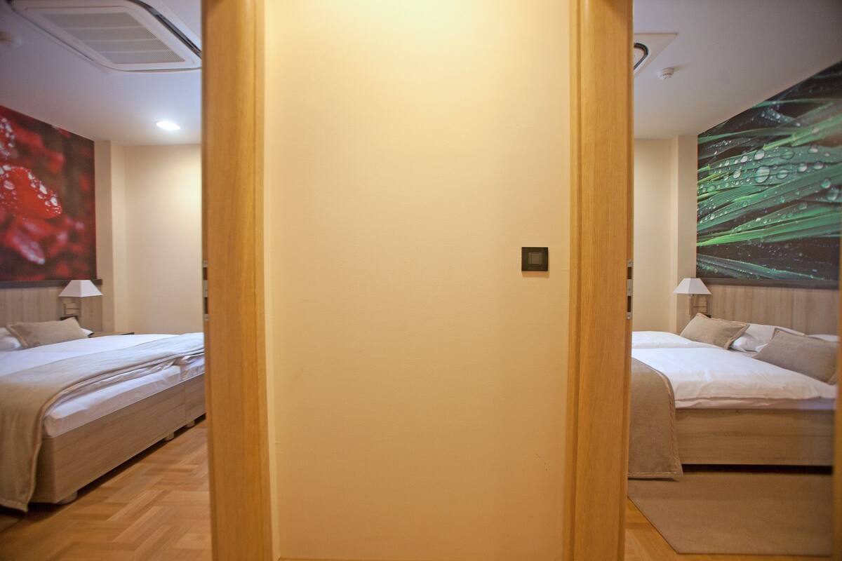 Habitación de hotel con dos camas, una puerta de madera y una pared con un cuadro abstracto grande.