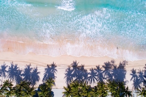 An aerial view of a beach with palm trees and a sandy shore. - Casa Del M Phuket (Patong)
