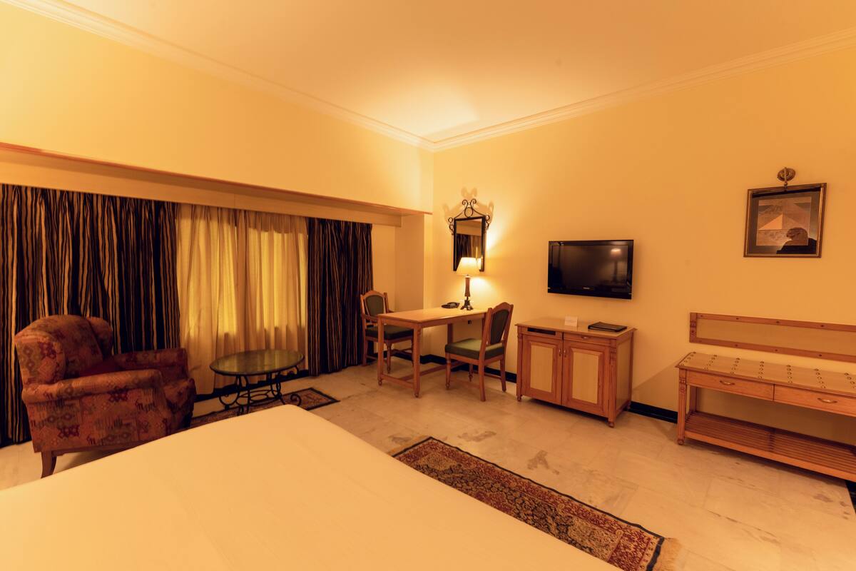 Une chambre d’hôtel avec un lit, un bureau et une chaise, une télévision et un tableau encadré au mur.