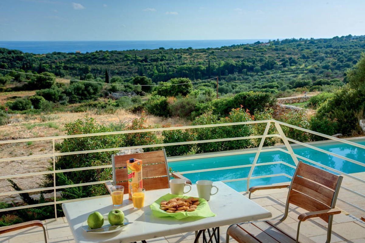 A table with breakfast items, a pool, and a scenic view of the countryside.