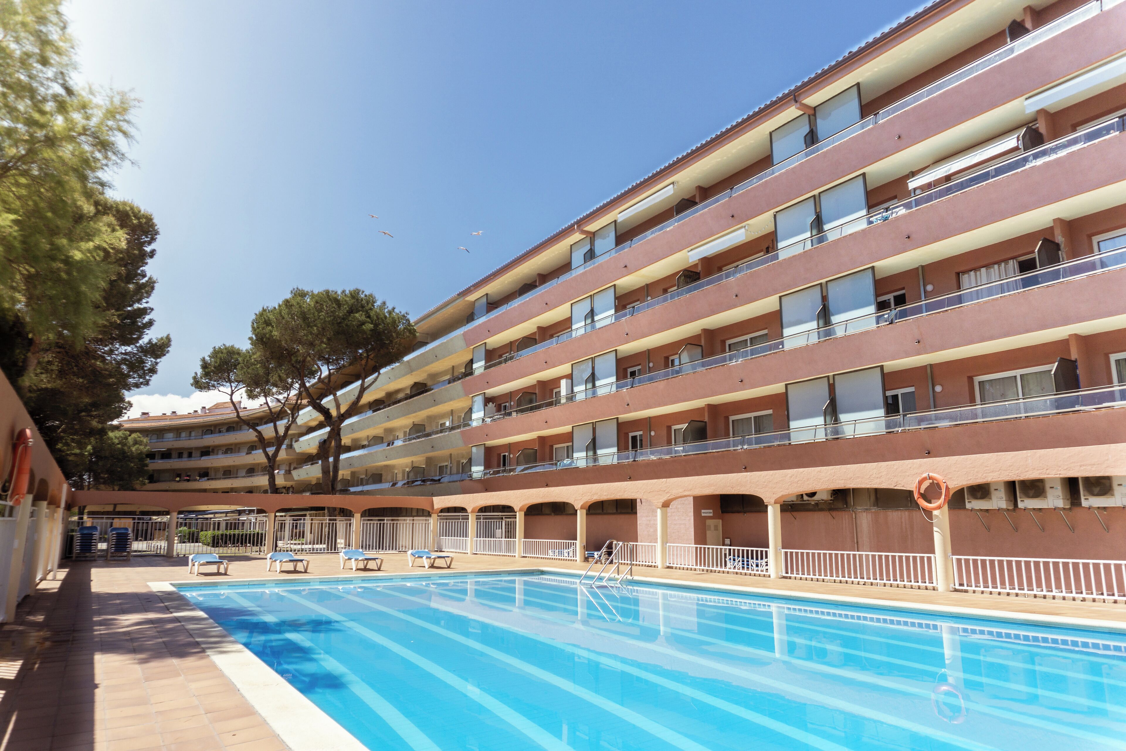 Una piscina al aire libre, tumbonas
