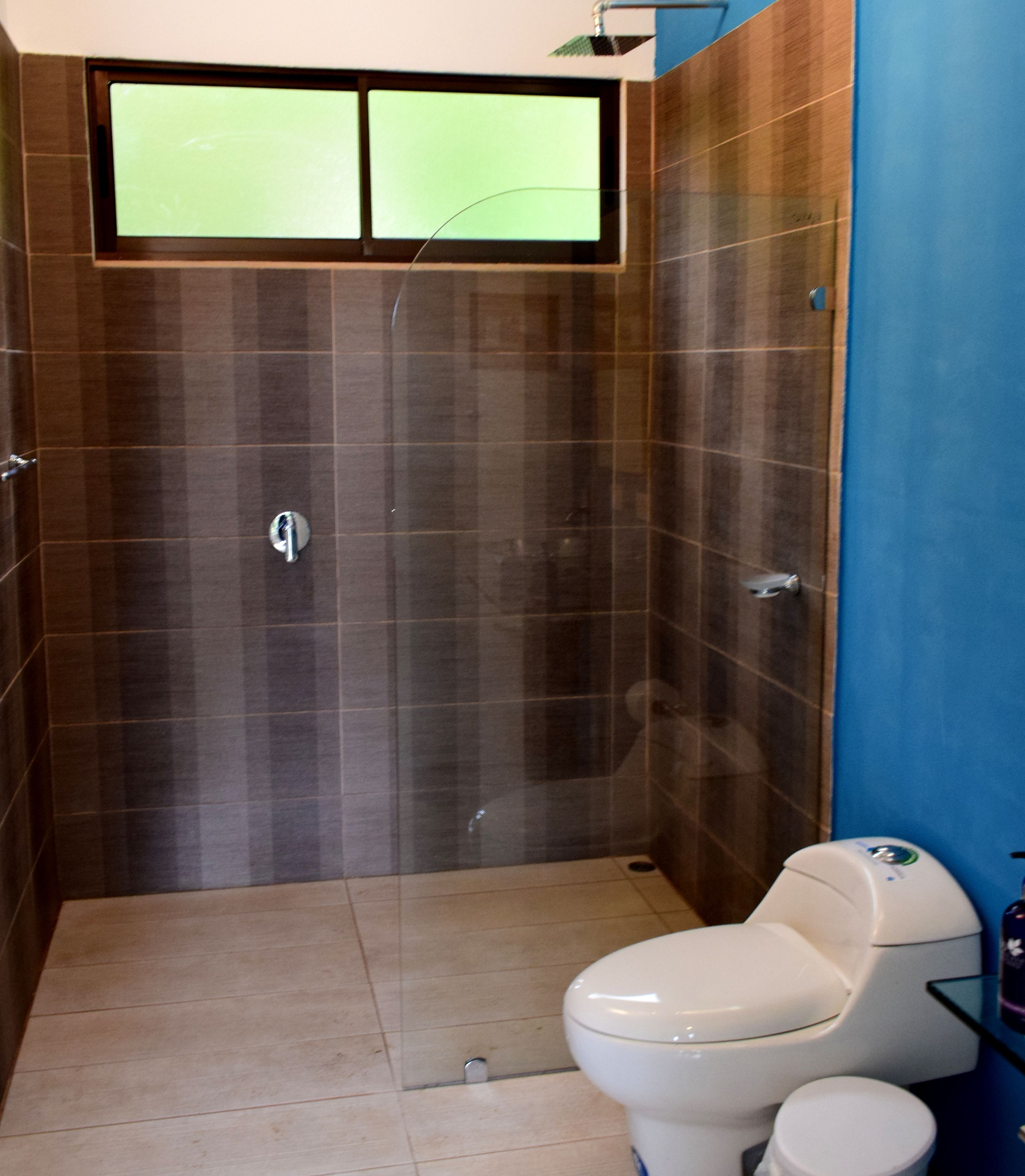 A bathroom with a shower, toilet, and a window.