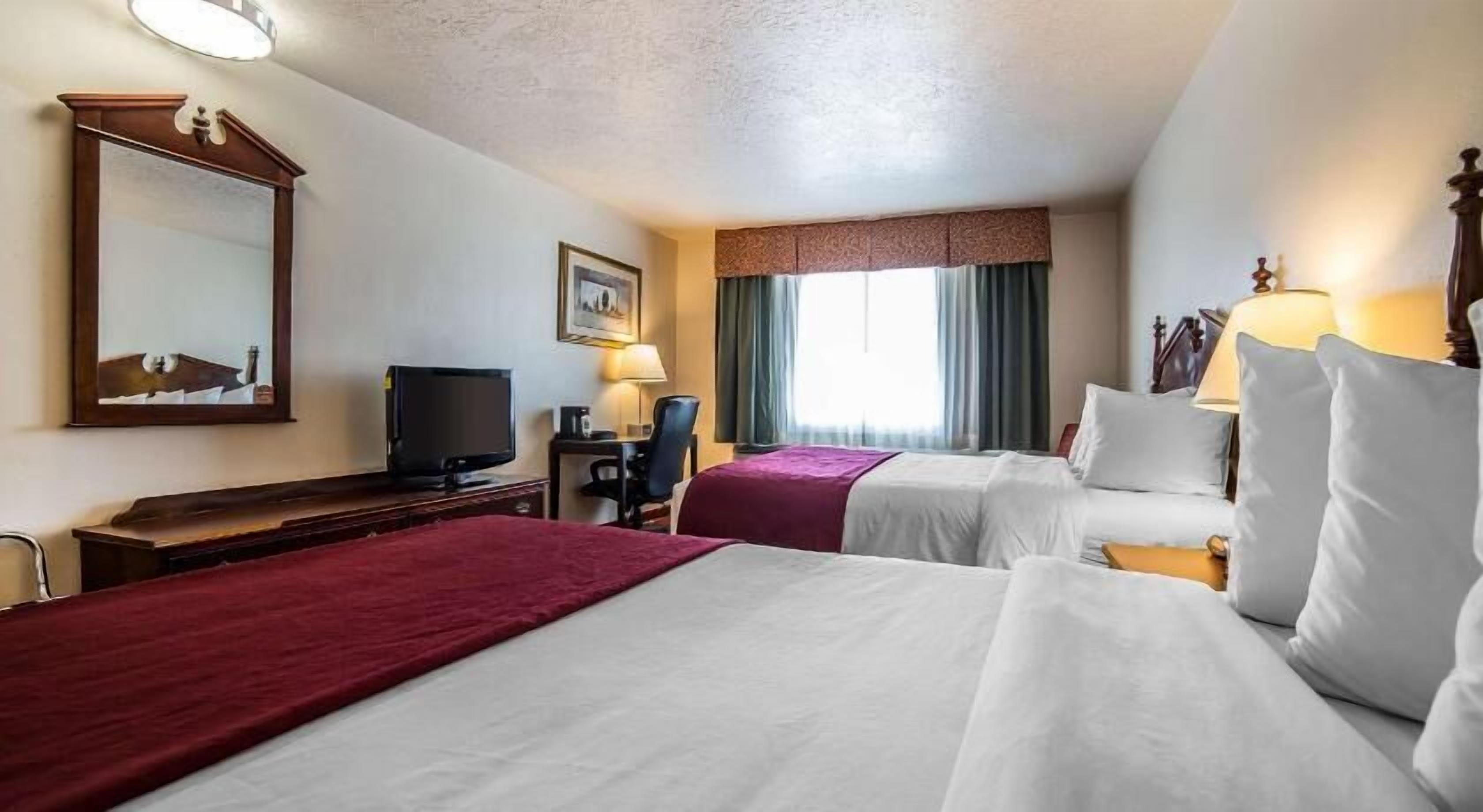 Une chambre d’hôtel avec deux lits, un bureau avec une télévision, une chaise, une lampe de bureau, une fenêtre avec des rideaux et un miroir au mur.