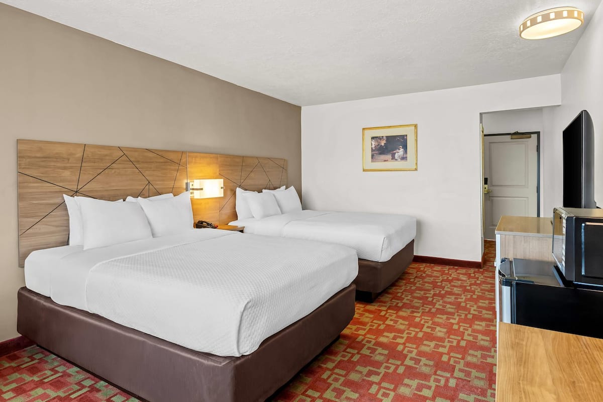 Habitación de hotel con dos camas, cabecero de madera, televisor montado en la pared y alfombra estampada.