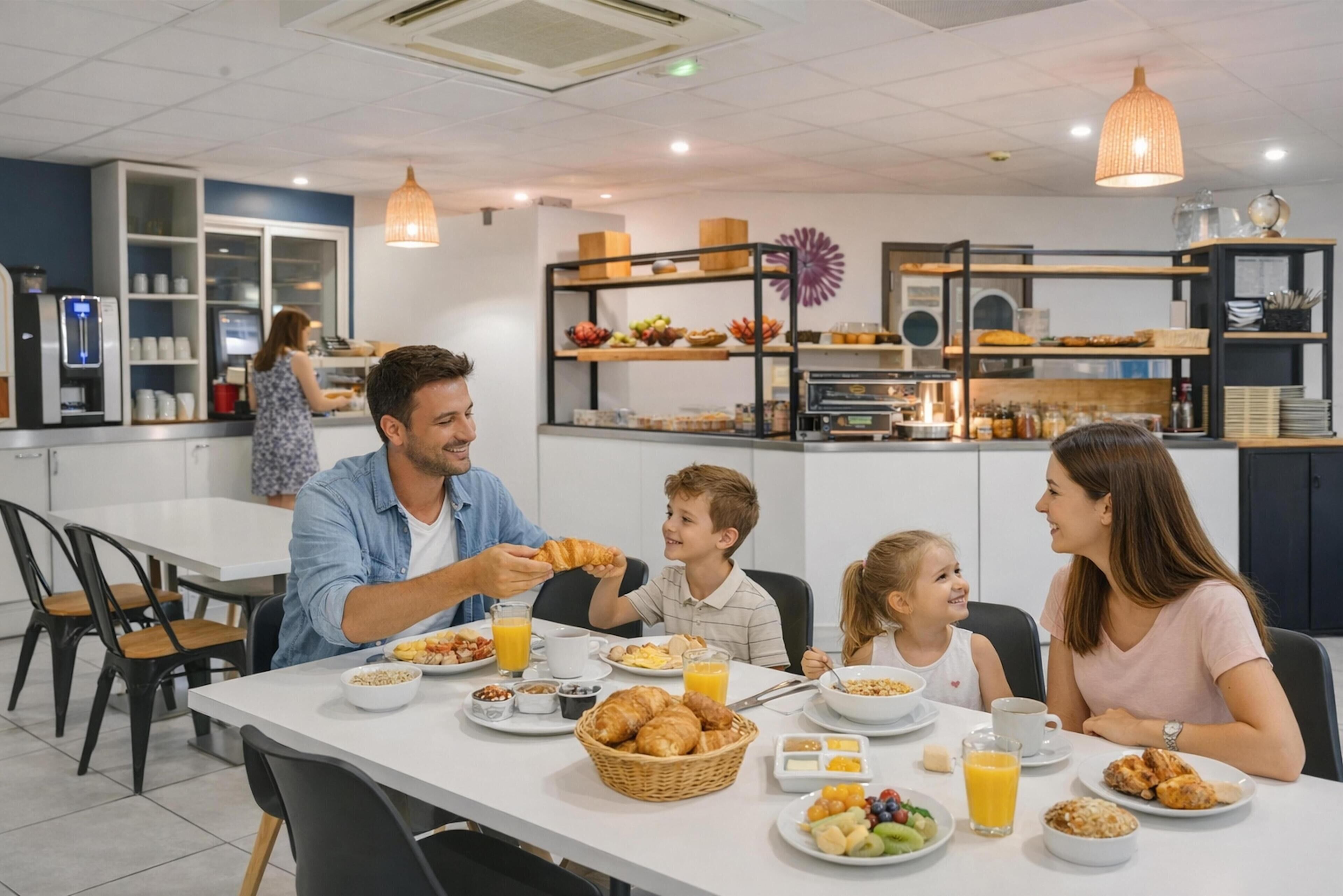 A family dining in a modern cafe with a white table, breakfast items, and a variety of food and drink options.
