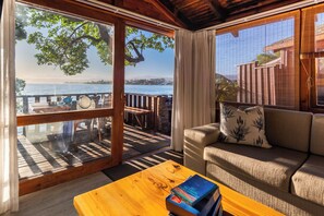 Waterfront Chalet | Living area | 40-inch flat-screen TV with satellite channels, TV, DVD player