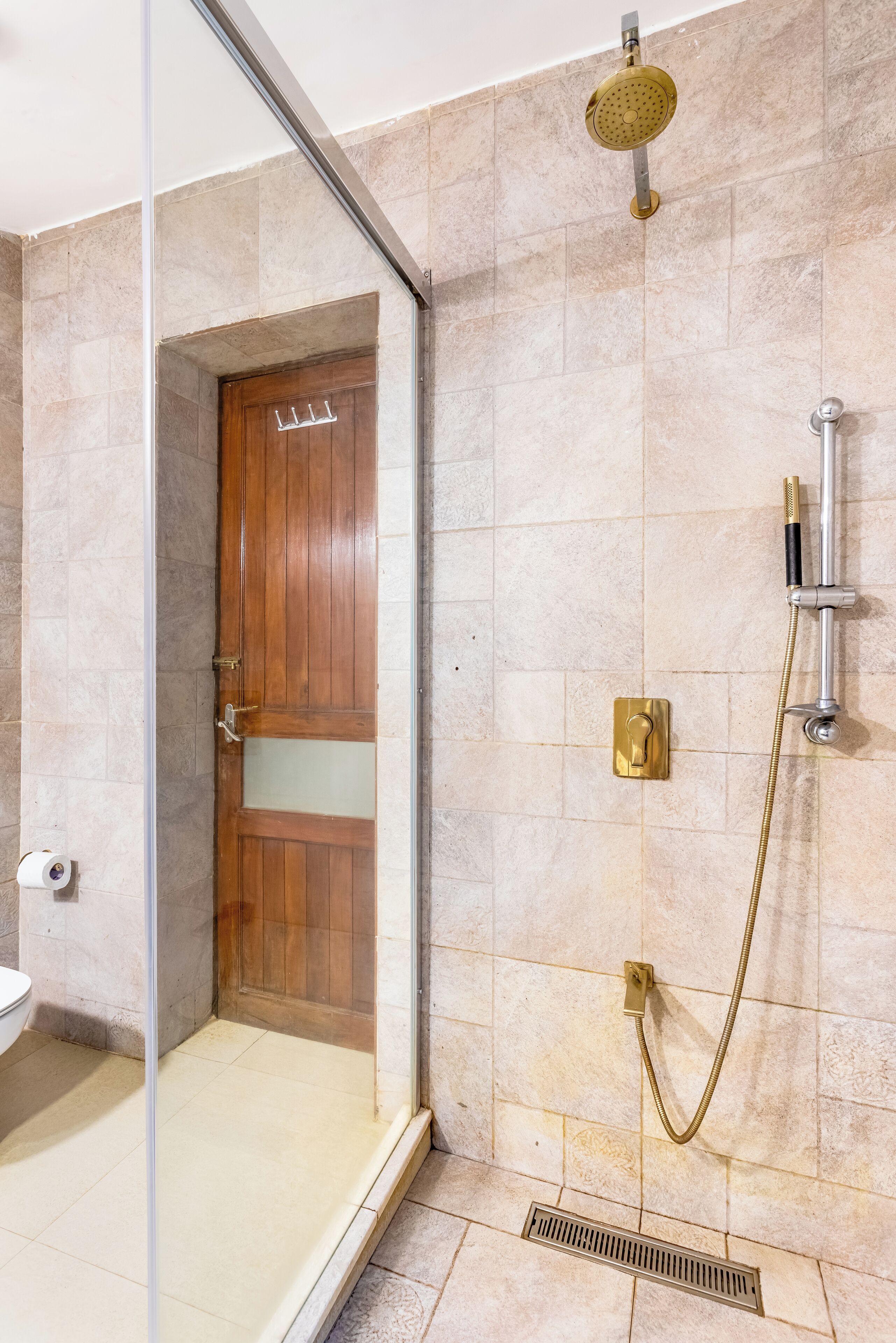 A shower area with a glass door, a wooden door, and a showerhead.