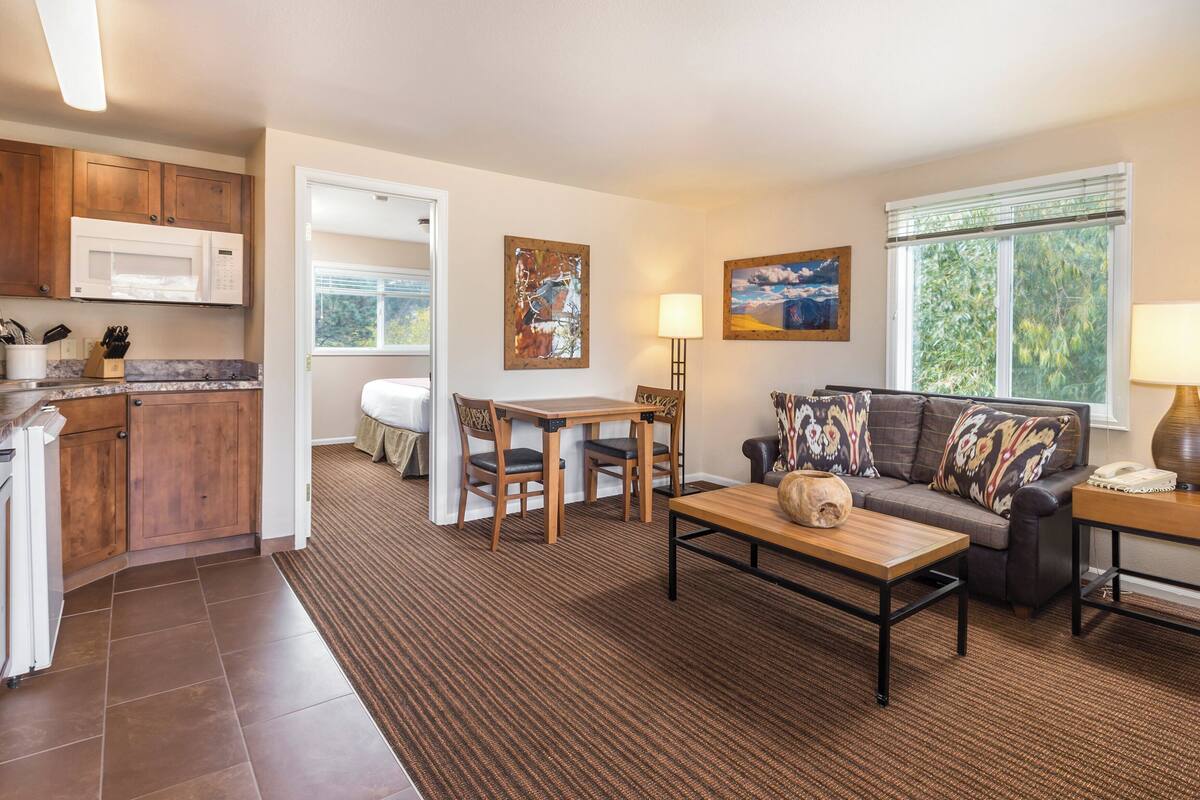 A modern kitchen with wooden cabinets and a microwave, a dining area with a table and chairs, a living room with a sofa and a coffee table, and a large window with a view of trees.