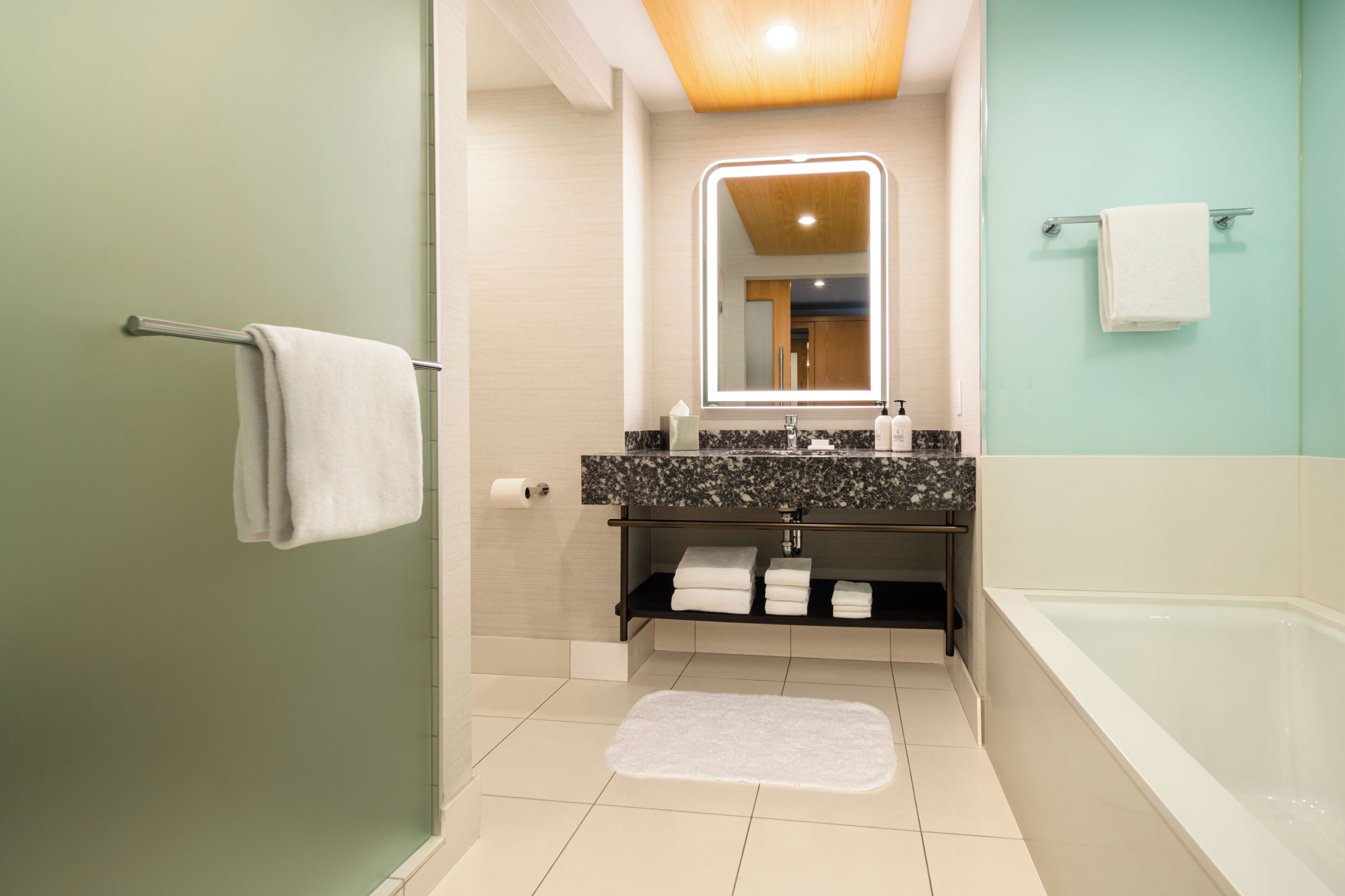 A modern bathroom with a shower, a sink, and a bathtub.