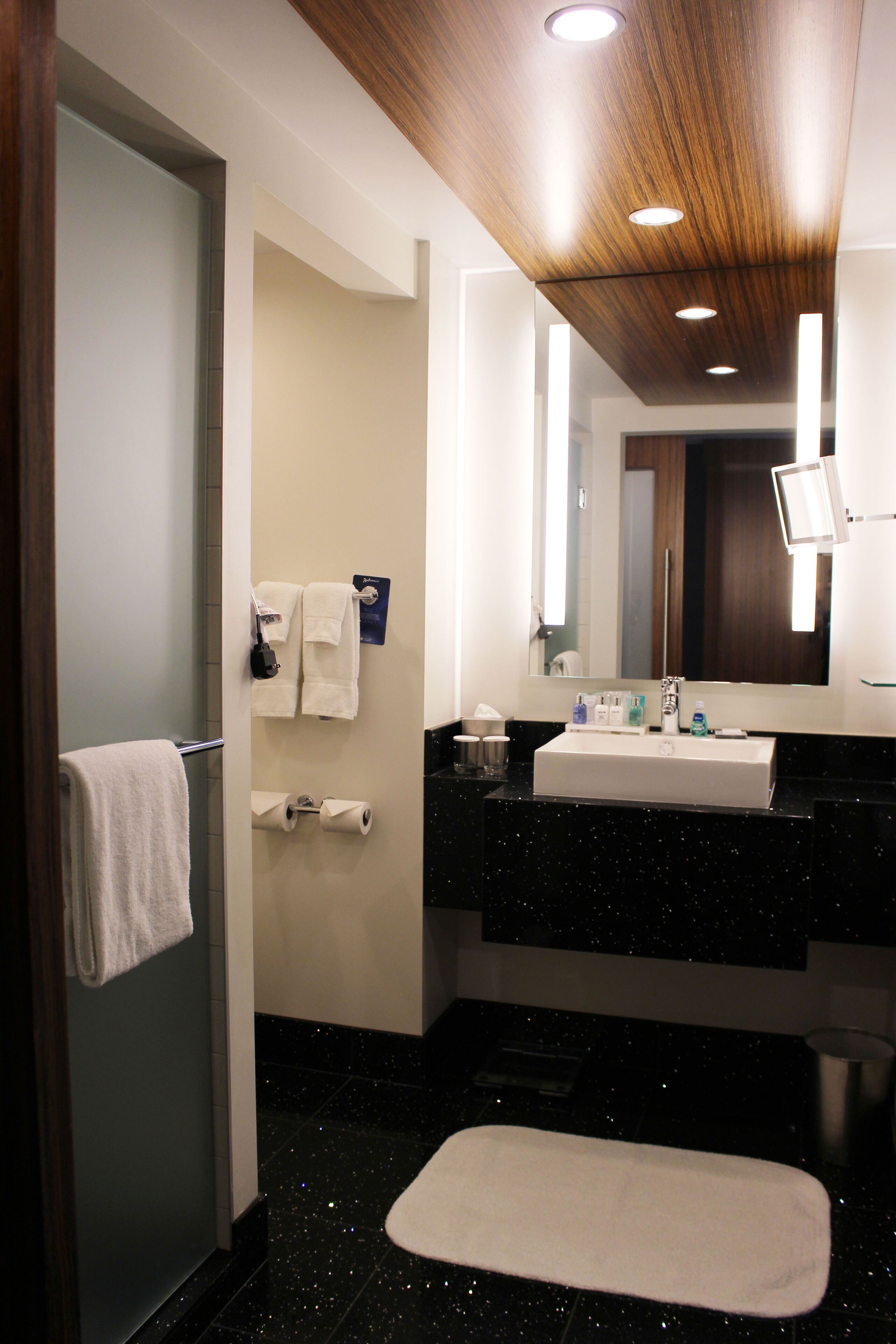 rainfall showerhead, designer toiletries, hair dryer, bathrobes