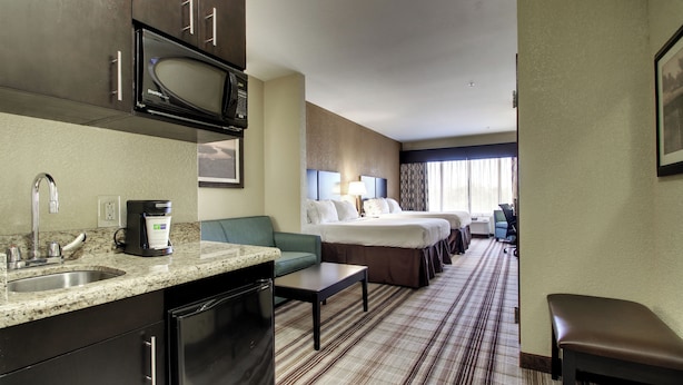 A hotel room with a kitchenette, a bed, a sofa, a desk, and a bathroom. - Holiday Inn Express Hotel & Suites Natchez South by IHG (Natchez)