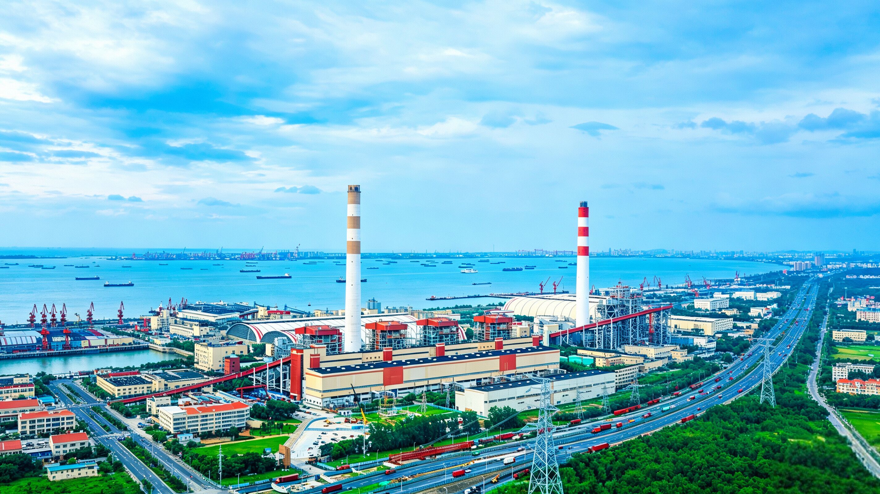 Un vaste complexe industriel comprenant plusieurs bâtiments, une cheminée imposante et une autoroute très fréquentée.