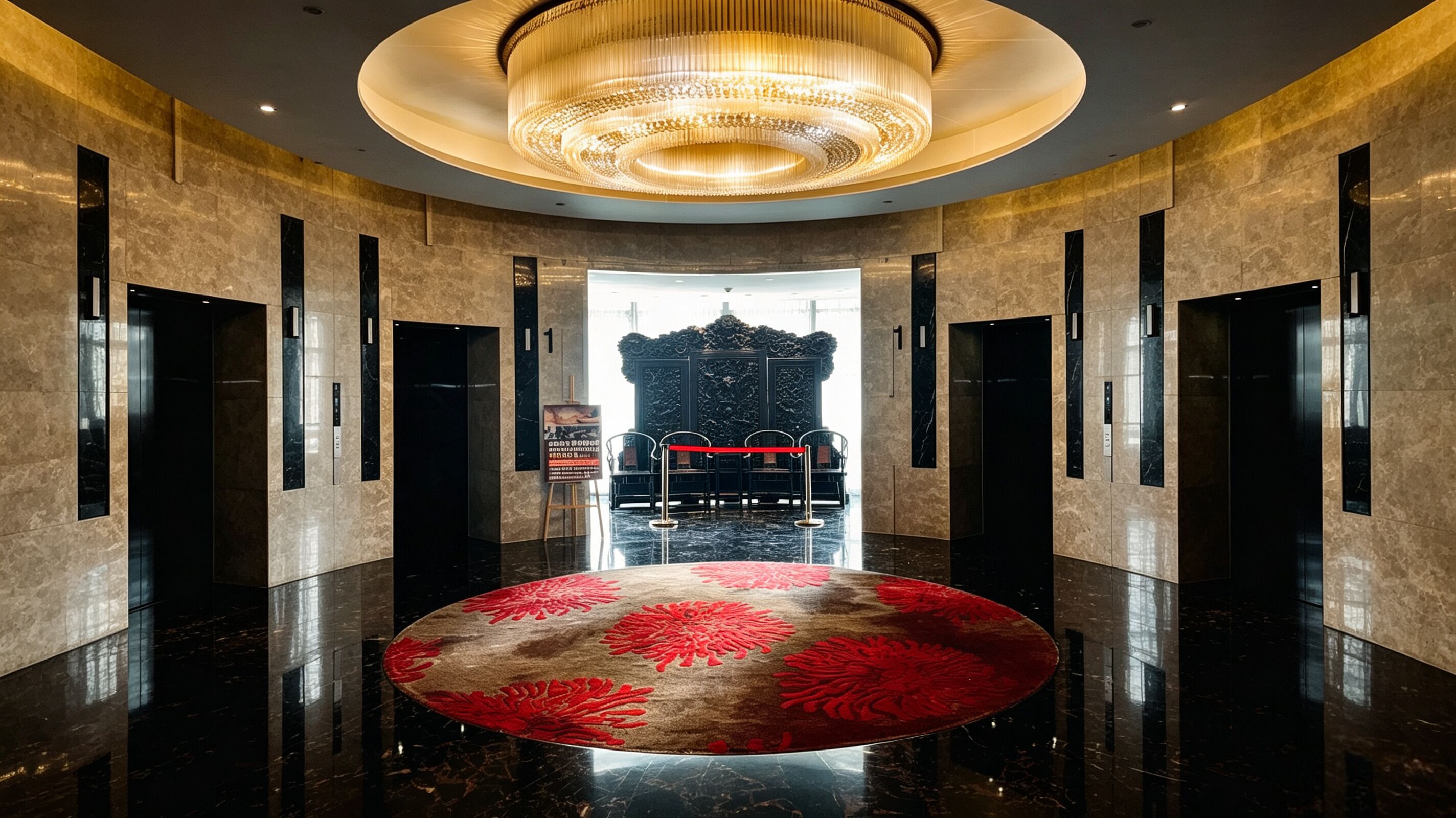 Um saguão de hotel com um lustre grande, paredes de mármore e uma área com carpete vermelho.