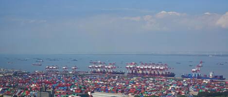 A large port with numerous shipping containers and cranes, indicating a busy shipping and logistics hub.