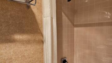 A bathroom with a toilet, a bathtub, and a shower area.
