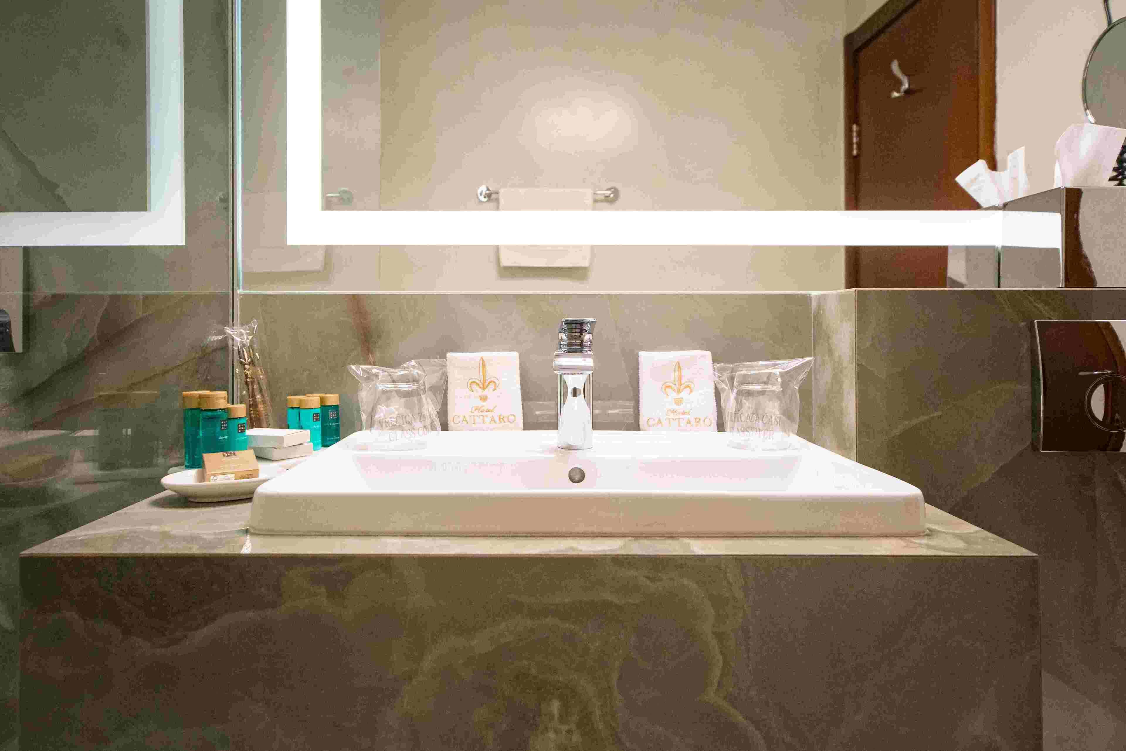 A bathroom with a large sink, a mirror above it, and toiletries on the counter.